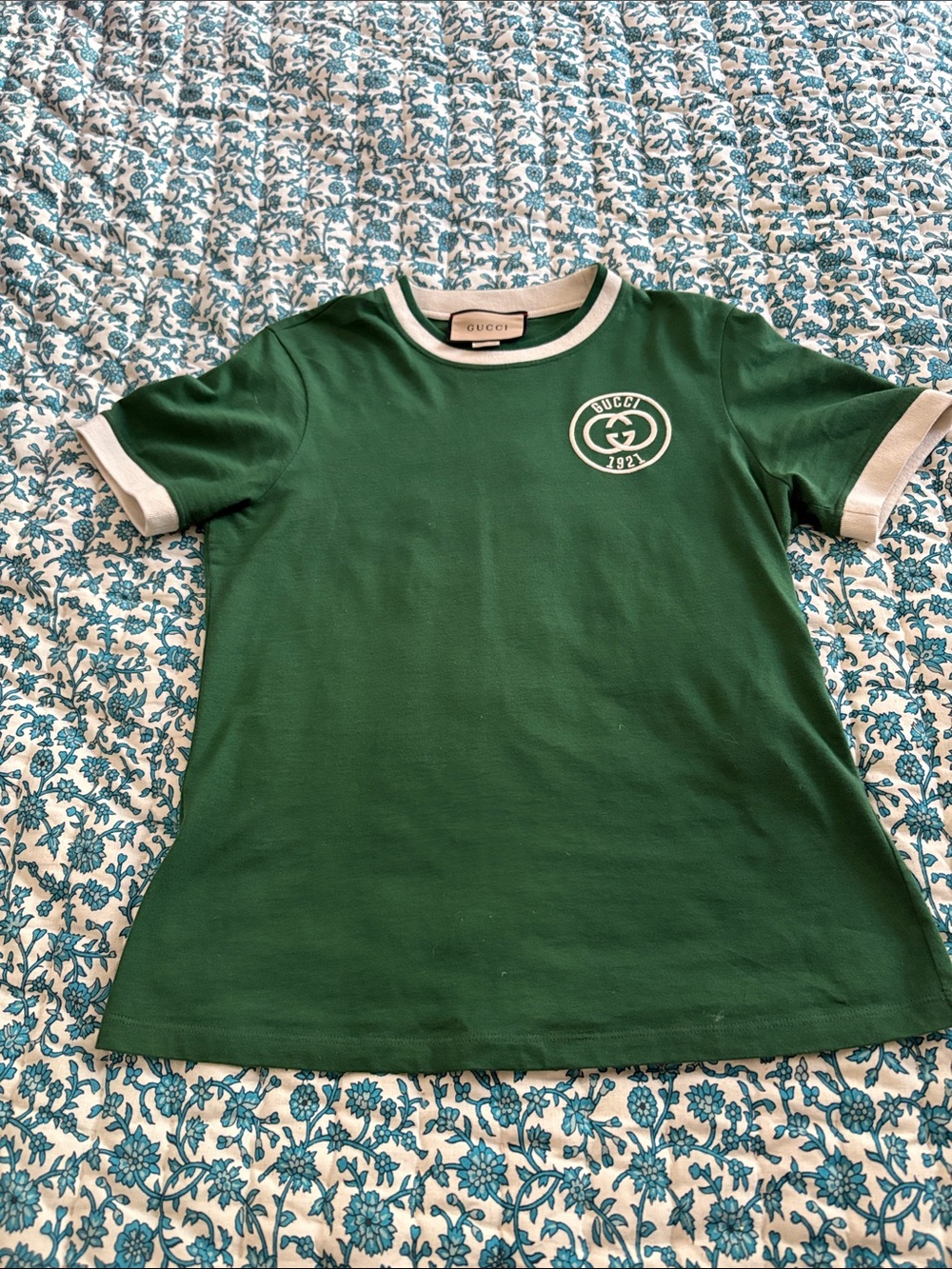 Gucci Green Short-Sleeve Logo Ringer Tee with Cream Trim